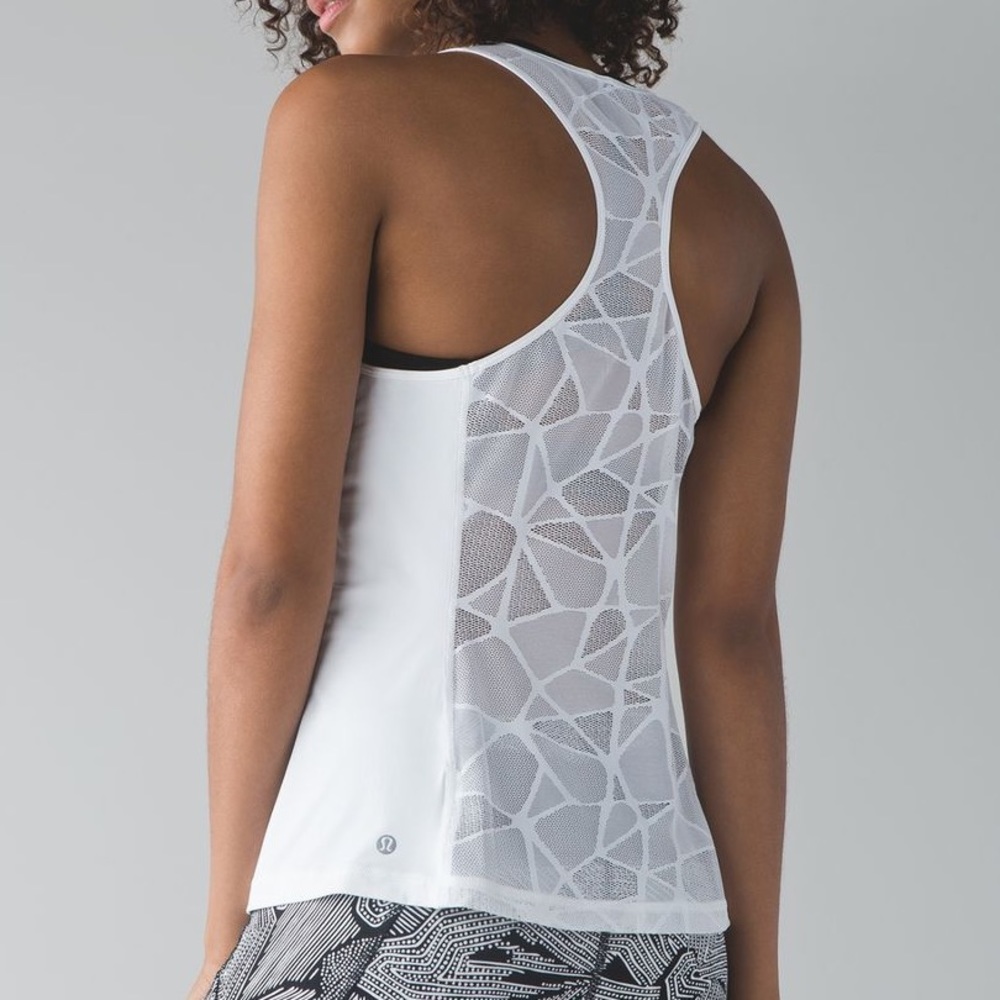 Lululemon white mesh tank, goal crusher laser cut